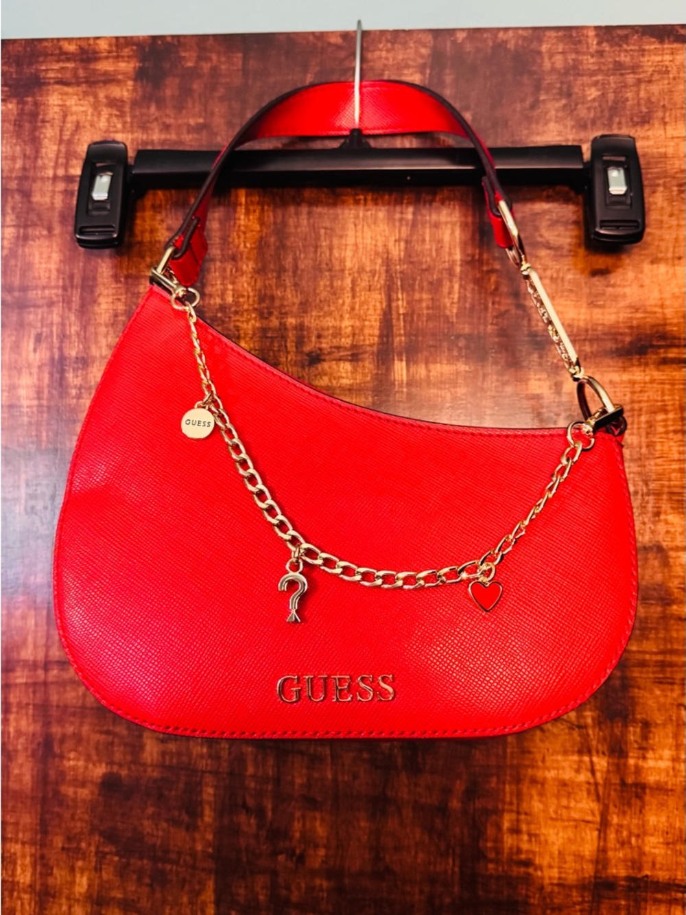 NWOT  GUESS Red Shoulder Bag with Gold Chain Charm